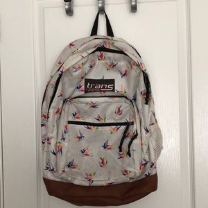 trans by jansport super cool backpack, white with rainbow birds 17”